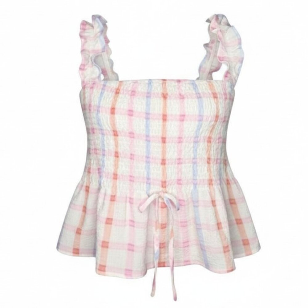 Blu Pepper Juniors Size M Multicolor Plaid Smocked Ruffle Strap Peplum Tank Top